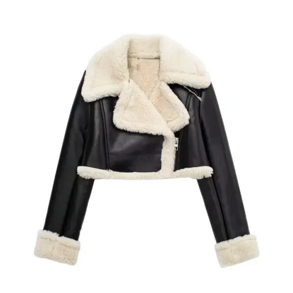 Cropped Women's Leather Jacket with Fur Details - Image 8