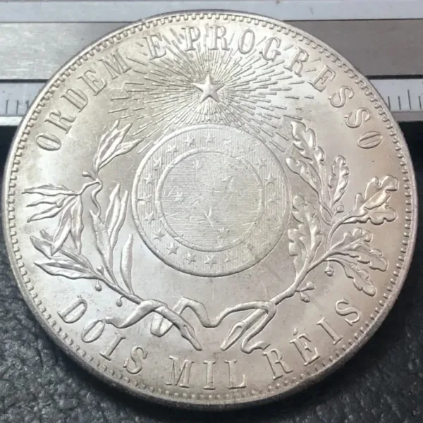 1896 Brazil 2000 Reis Silver Replica Coin - Image 3