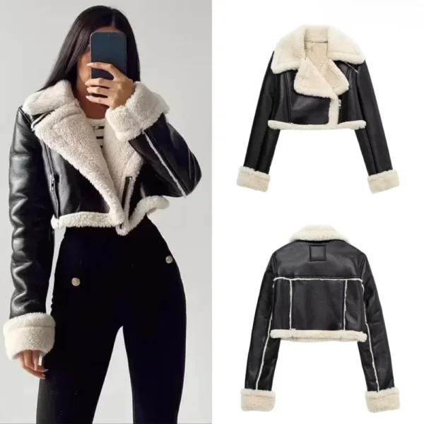 Cropped Women's Leather Jacket with Fur Details - Image 2