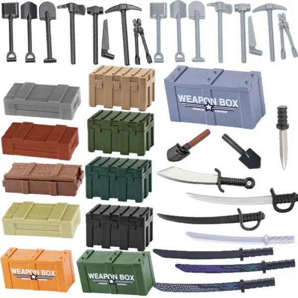 MOC WW2 Military Figures Building Blocks Shovel Axe Weapon Box Equipment Command Knife Accessories Army Brick Toy Kids Gift J009