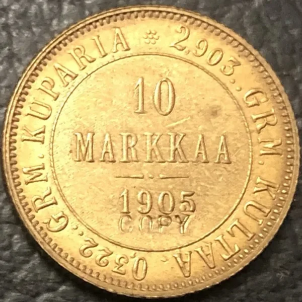 1905 Finland 10 Markkaa Gold Coin Replica - Image 3