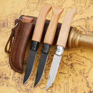 Folding Survival Knife with Wood Handle