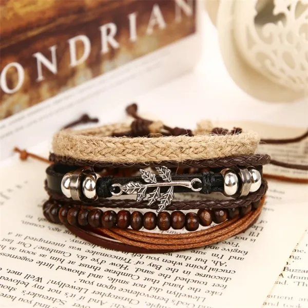 Vintage Multilayer Adjustable Leaf Leather Bracelet - Image 3