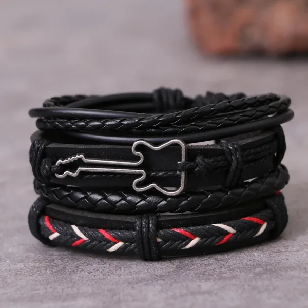 4 Pcs Cross Leaf Charm Leather Bracelets - Image 2