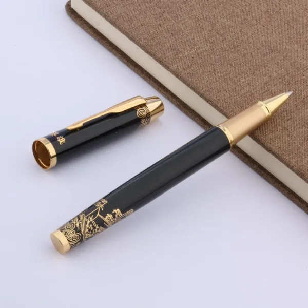 Black Lacquer Golden Trim Rollerball Pen - Image 2