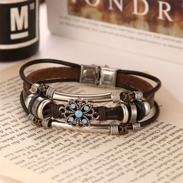 Vintage Multilayered Leather Flower Bracelet - Image 2