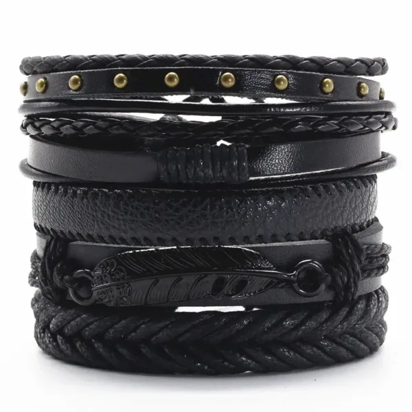 5 Piece Woven Leaf Feather Leather Bracelets - Image 7