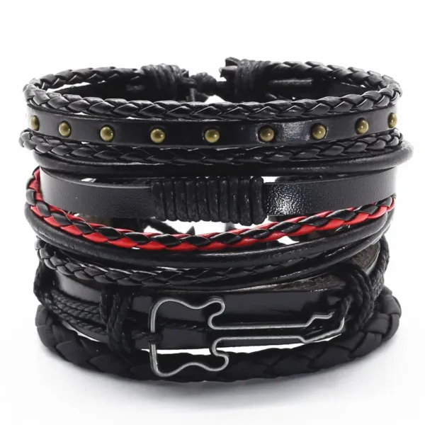 5 Piece Woven Leaf Feather Leather Bracelets - Image 6