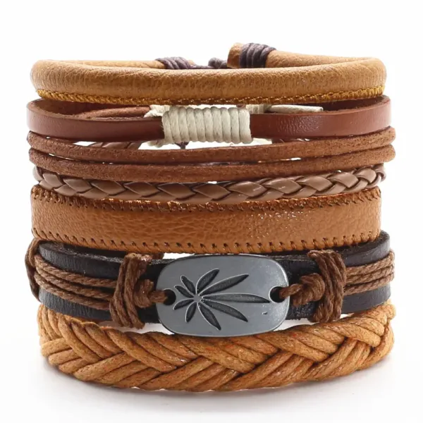 5 Piece Woven Leaf Feather Leather Bracelets - Image 9