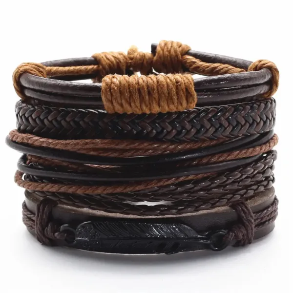 5 Piece Woven Leaf Feather Leather Bracelets - Image 13