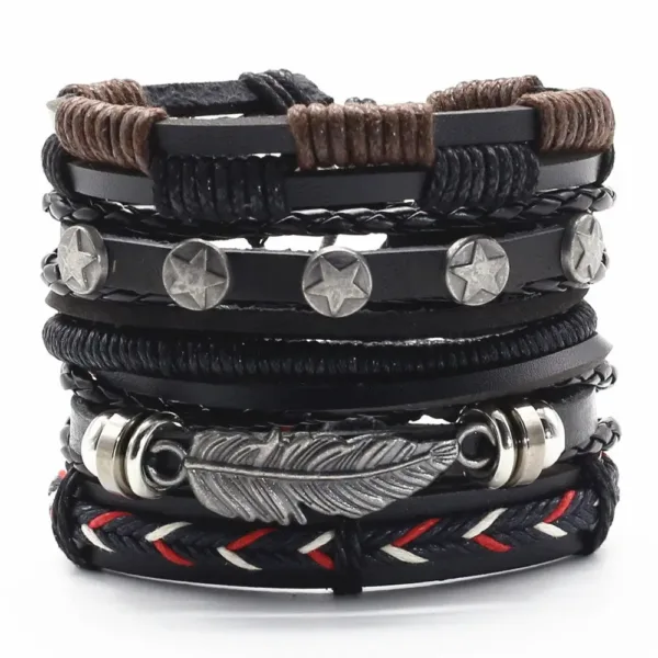 5 Piece Woven Leaf Feather Leather Bracelets - Image 11