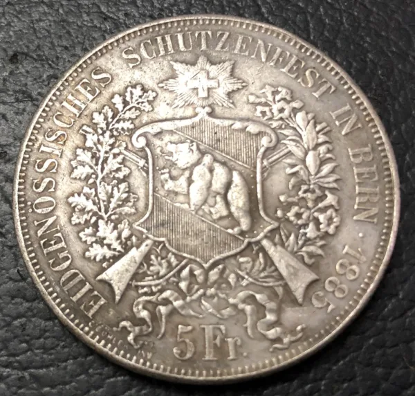 1885 Switzerland 5Fr Antique Silver Plated Coin - Image 2