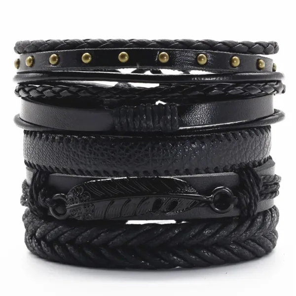 5 Piece Woven Leaf Feather Leather Bracelets - Image 5