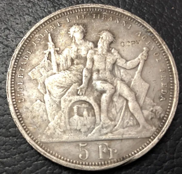 1885 Switzerland 5Fr Antique Silver Plated Coin - Image 3