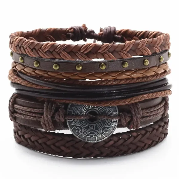 5 Piece Woven Leaf Feather Leather Bracelets - Image 12