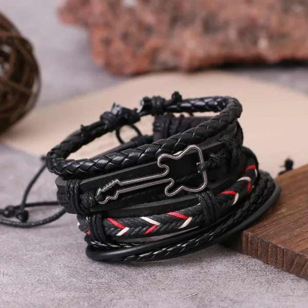 4 Pcs Cross Leaf Charm Leather Bracelets - Image 4