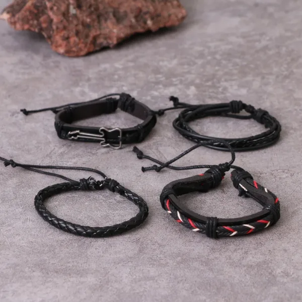 4 Pcs Cross Leaf Charm Leather Bracelets - Image 5