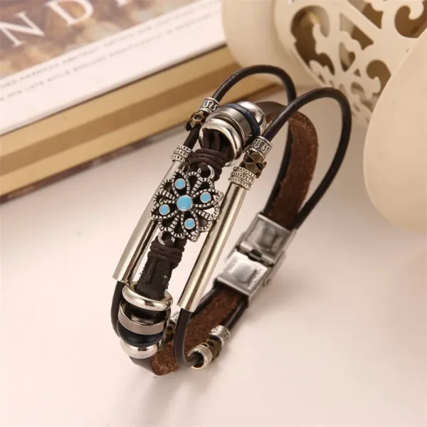 Vintage Multilayered Leather Flower Bracelet - Image 3