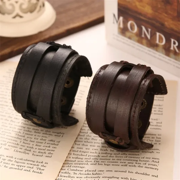 Men's Leather Open Cuff Bracelet in Black/Brown - Image 3