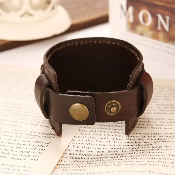 Men's Leather Open Cuff Bracelet in Black/Brown - Image 4