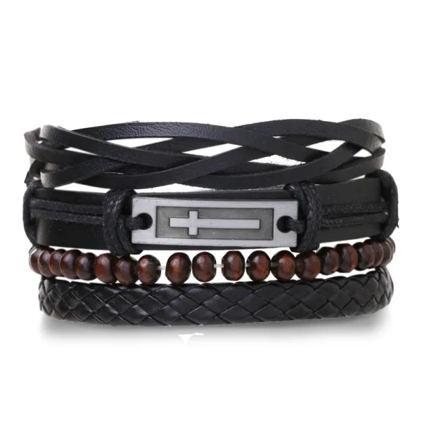 4 Pcs Cross Leaf Charm Leather Bracelets - Image 14