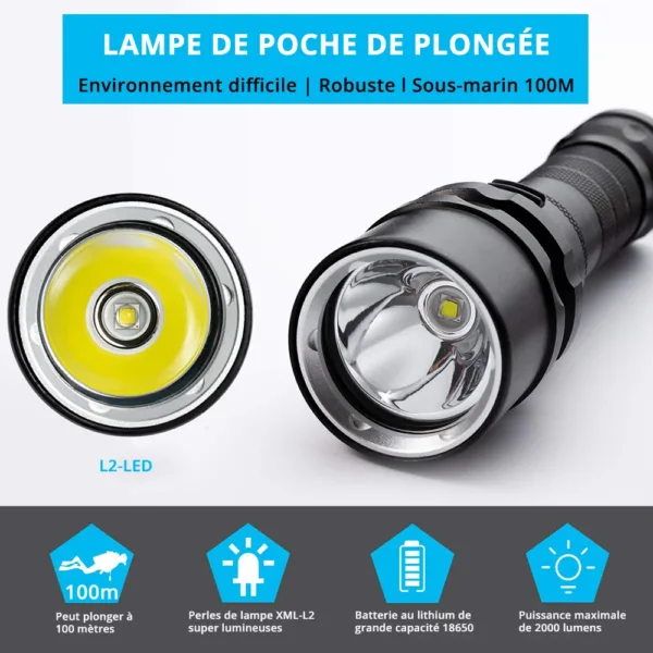 2000 Lumens IP68 Diving Flashlight with Battery - Image 3