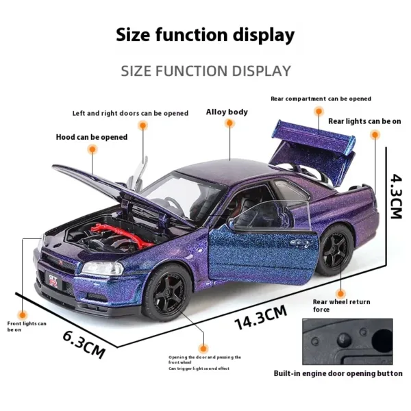 1:32 Nissan GTR R34 Diecast Model Car - Image 3