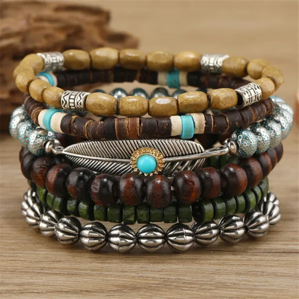 Bohemian Leather Wrap Bracelets Set of 5-6 - Image 3