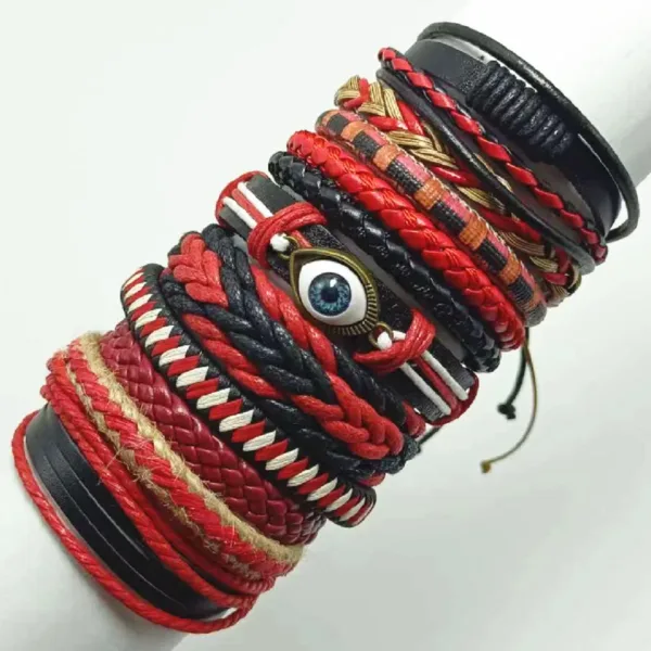 Black Evil Eye 10 Pcs Leather Bracelets Set - Image 2