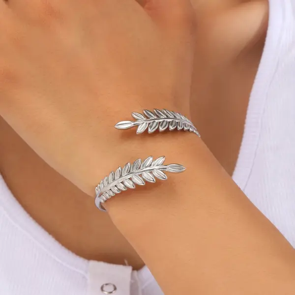 Chic Stainless Steel Leaf Cuff Bracelet for Women - Image 2