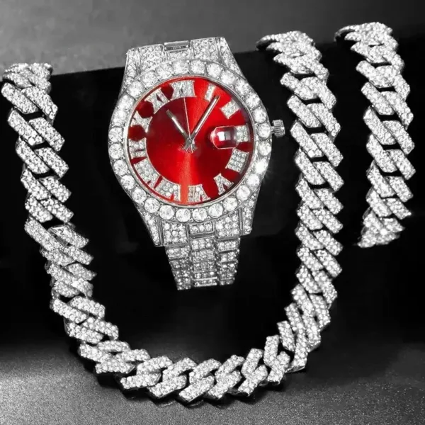 Hip Hop Style Rhinestone Wrist Watch Set