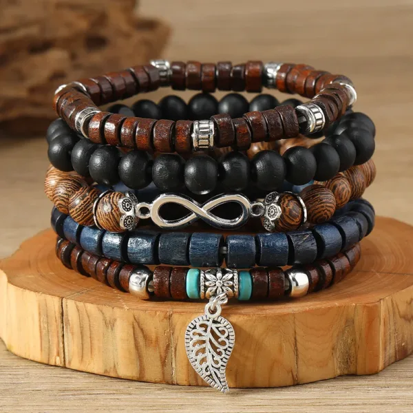 Wood Bead Cactus Charms Bracelet Set