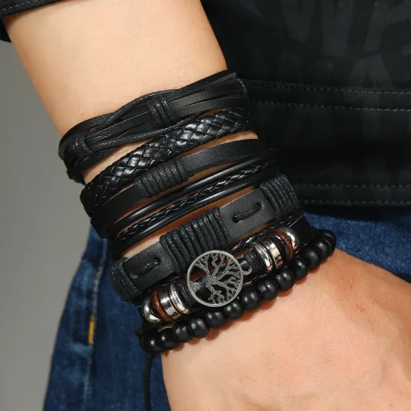 6 Piece Adjustable Leather Wrap Bracelets Set - Image 2