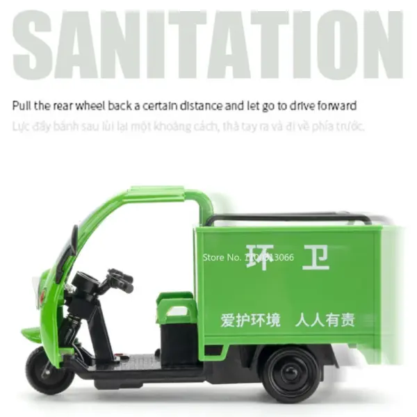 1:32 Green Sanitation Tricycle Diecast Model - Image 4