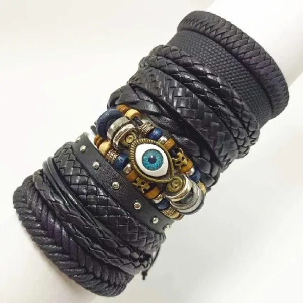 Black Evil Eye 10 Pcs Leather Bracelets Set - Image 15