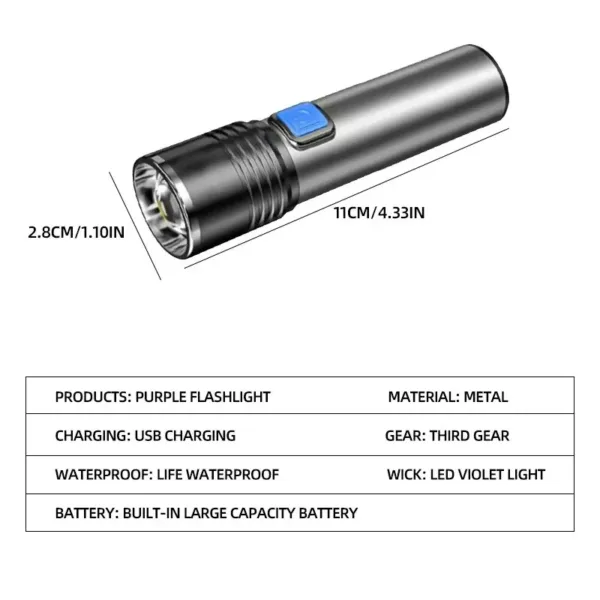 USB Rechargeable 395nm UV Flashlight - Image 6