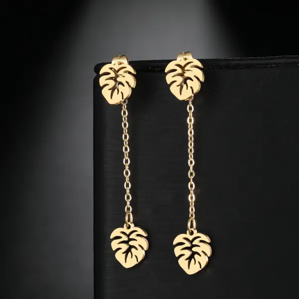 Stainless Steel Leaf Tassel Drop Earrings - Image 3