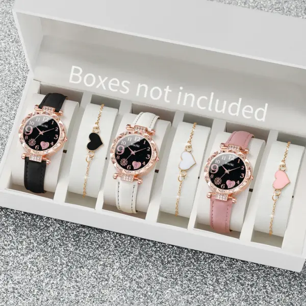 6PCS Women's Rhinestone Heart Quartz Watch Set