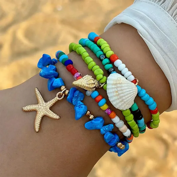 Blue Starfish Shell Bead Bracelets Set for Women