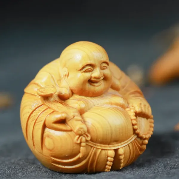 Miniature Wooden Laughing Buddha Sculpture