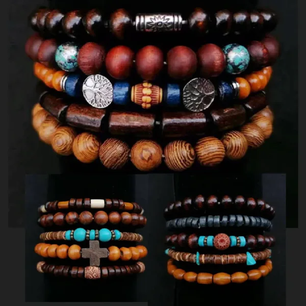 Men's Leather Wrap Bracelets Set, Adjustable - Image 2