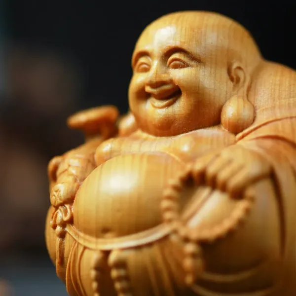 Miniature Wooden Laughing Buddha Sculpture - Image 2