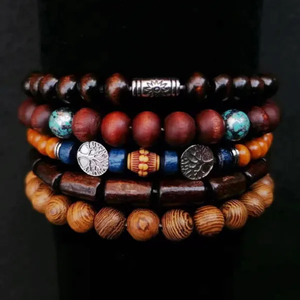 Vintage Wood Beads Charm Bracelets Set