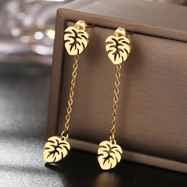 Stainless Steel Leaf Tassel Drop Earrings