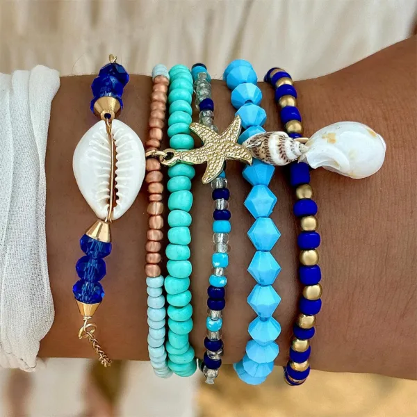 Blue Starfish Shell Bead Bracelets Set for Women - Image 9