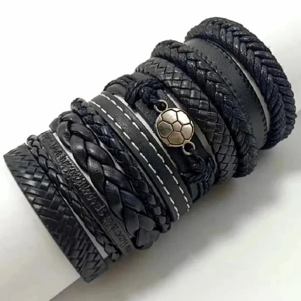 Black Evil Eye 10 Pcs Leather Bracelets Set - Image 3