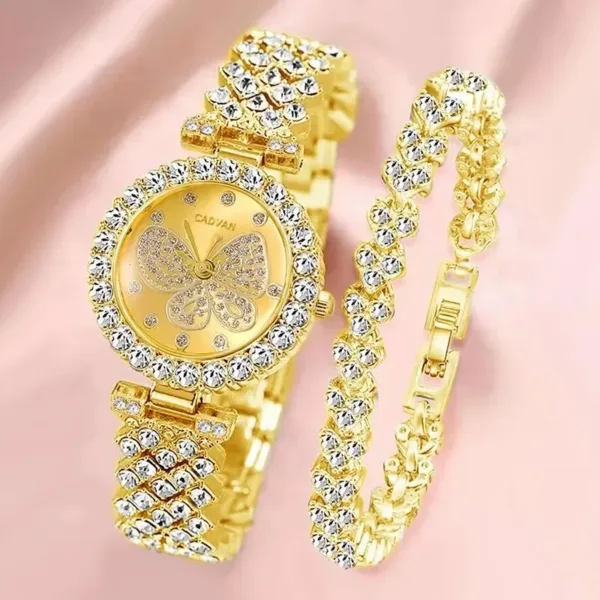 Gold Butterfly Dial Quartz Watch and Bracelet Set - Image 6