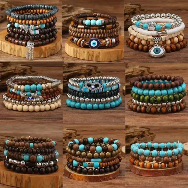 Vintage Wood Beads Charm Bracelets Set - Image 2