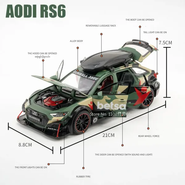 1/24 Audi RS6 Diecast Toy Car Model - Image 3