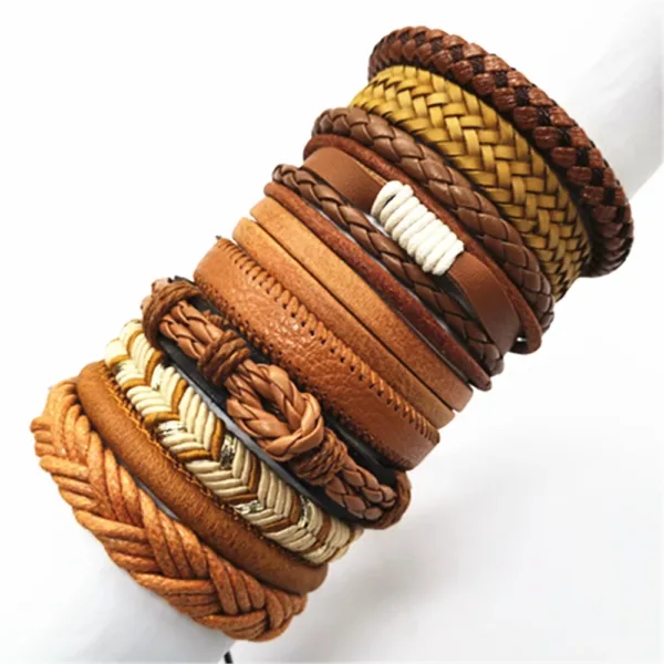 10 Pcs Adjustable Black Leather Bracelets Set - Image 5